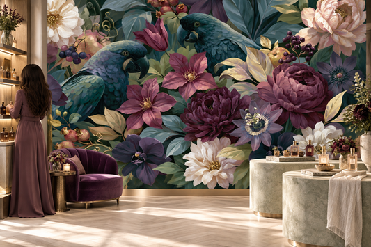 Blue parrot and plum flower mural in a boutique with a woman in a plum gown, a plum armchair and vanity tables with candles