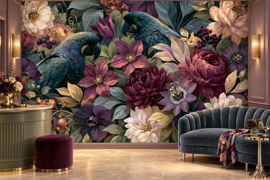 Parrot and plum flower wall mural in a lounge with a sage curved bar counter, a plum pouf and a blue-grey tufted sofa
