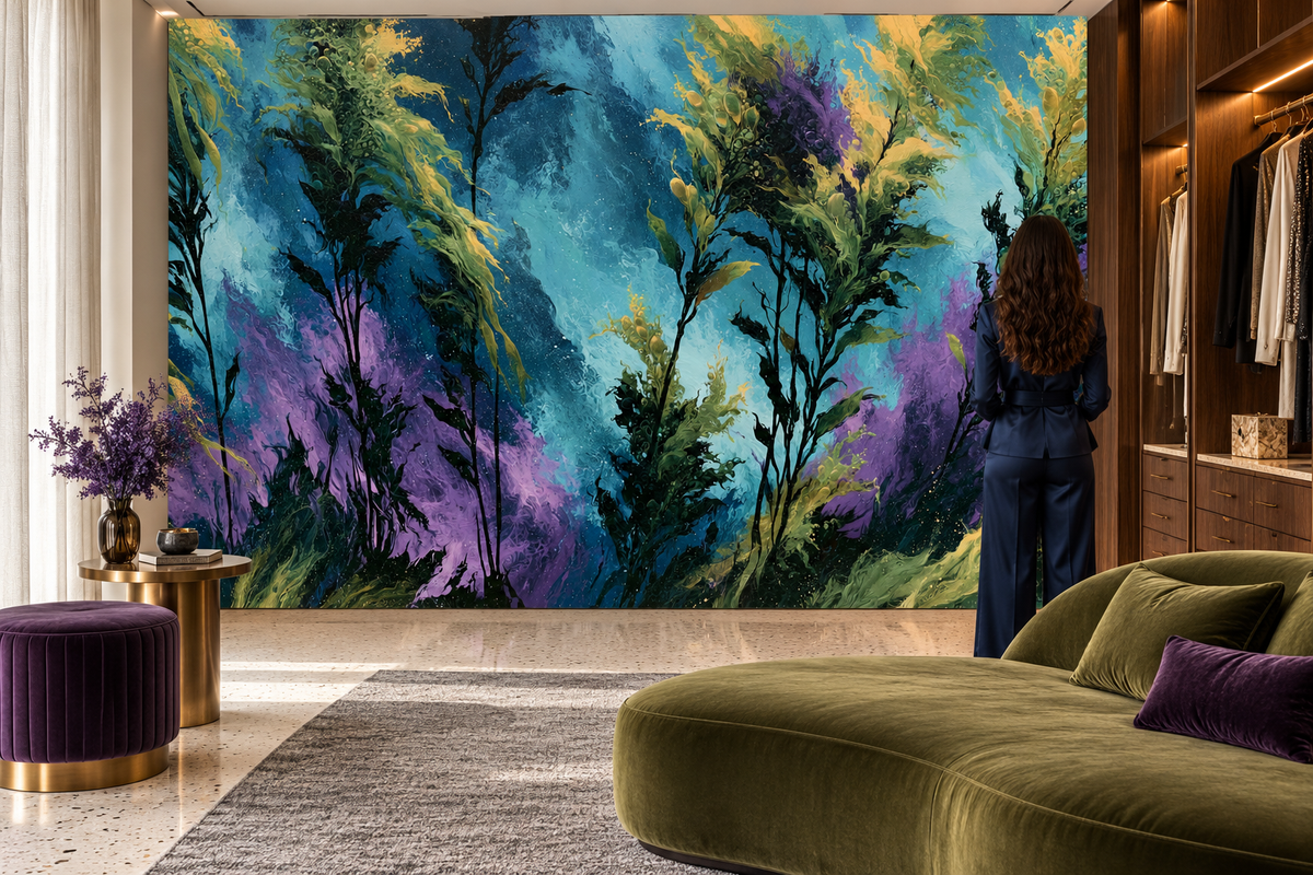 Abstract seaweed wall mural in a dressing room with a woman in a blue jumpsuit, an olive velvet sofa and a purple pouf