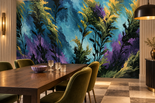 Turquoise, violet and gold seaweed mural in a dining room with a wood table and olive green velvet chairs on a checkered floor