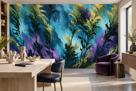Abstract seaweed painting mural in a studio with a white work table, black leather chairs and a plum armchair