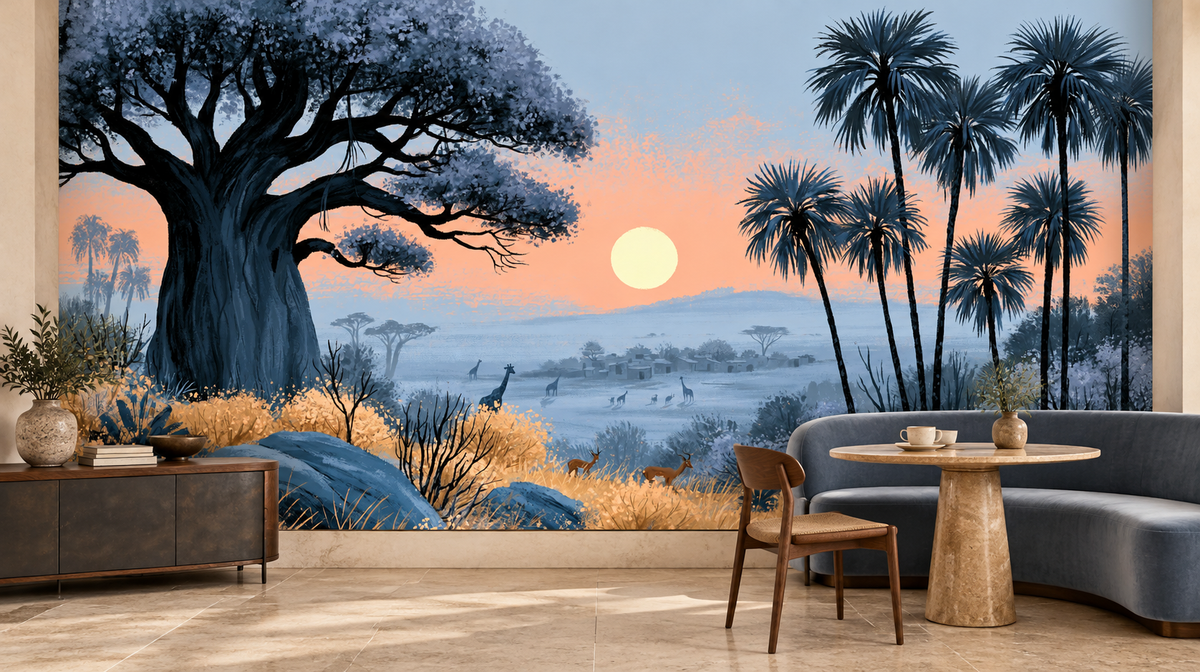 Blue safari sunset baobab and giraffe mural behind a blue-grey curved banquette, a round travertine table and a wood chair