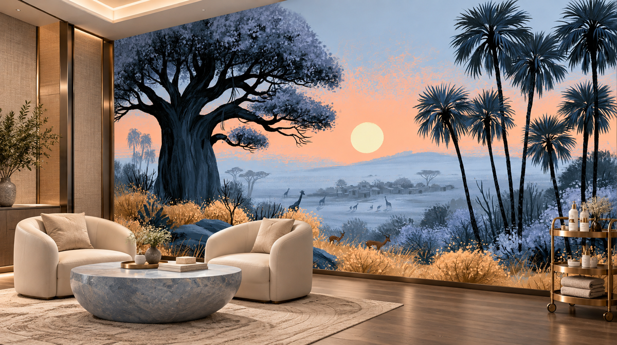 Safari sunset mural with a baobab and palms in a lobby lounge with cream boucle chairs, a round stone coffee table and a bar cart