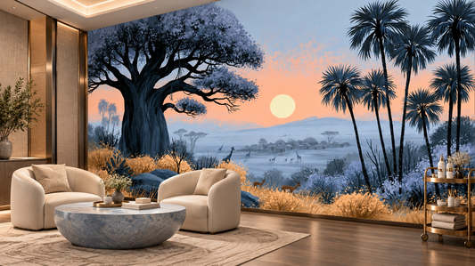 Safari sunset mural with a baobab and palms in a lobby lounge with cream boucle chairs, a round stone coffee table and a bar cart