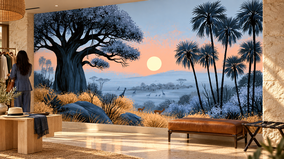 Baobab and giraffe sunset mural in a boutique where a woman browses clothes beside a wood table and a leather bench