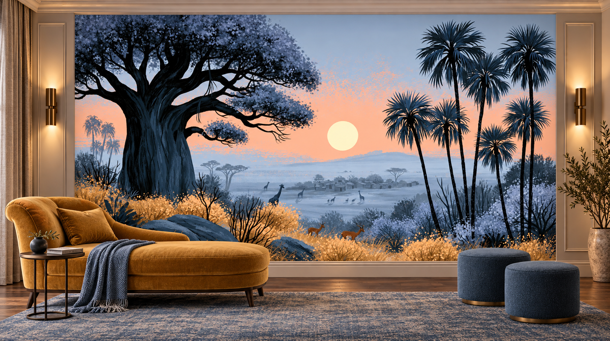 Blue safari sunset mural behind a mustard velvet chaise with a blue throw, side table and two blue pouf stools