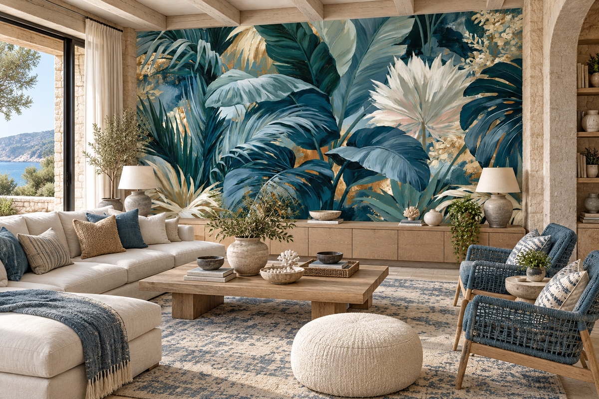 Blue teal and ivory palm leaf mural in a coastal living room with a cream sectional, a blue woven chair and a rattan pouf