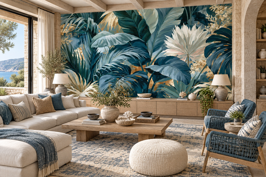 Blue teal and ivory palm leaf mural in a coastal living room with a cream sectional, a blue woven chair and a rattan pouf