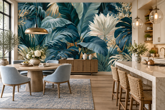 Teal palm leaf wall mural in a dining area with a round wood table, light blue chairs, a brass pendant and rattan bar stools
