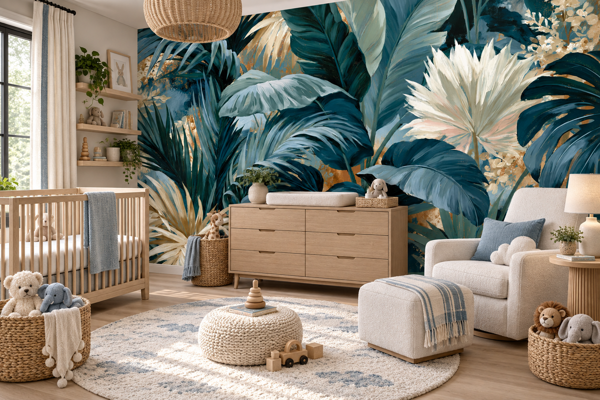 Blue and ivory palm leaf mural in a nursery with a wooden crib, a light wood dresser, a boucle chair and woven baskets