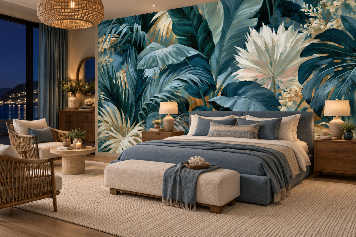 Teal and ivory palm mural behind a blue bed with a cream bench, a rattan armchair and wood nightstands with lamps