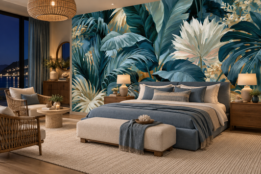 Teal and ivory palm mural behind a blue bed with a cream bench, a rattan armchair and wood nightstands with lamps
