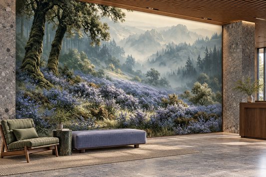 Blue wildflowers and misty mountain forest mural in a lounge with a green slatted armchair, a blue bench and a stone wall column