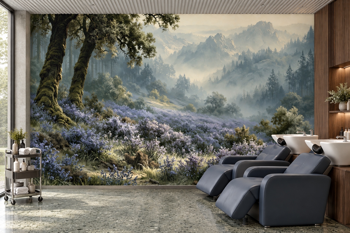 Misty forest and blue wildflower wall mural in a hair salon wash station with grey leather shampoo chairs and white basins