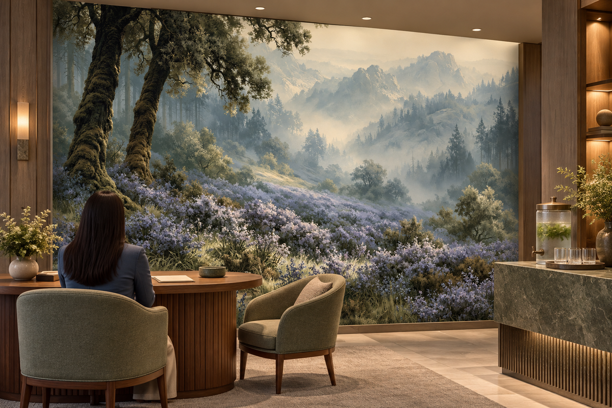 Wildflower hillside and misty mountain mural in a hotel lounge where a woman sits at a wood desk beside green armchairs