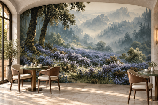 Blue wildflower and misty forest mural in a cafe with a round bistro table, wicker chairs and an arched window