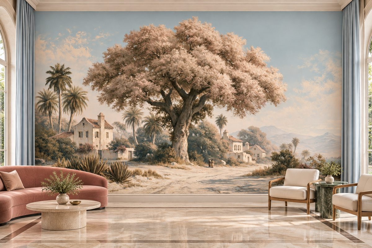 Blush blossom tree and Mediterranean village mural behind a dusty pink sofa, a round table and two cream armchairs on a marble floor