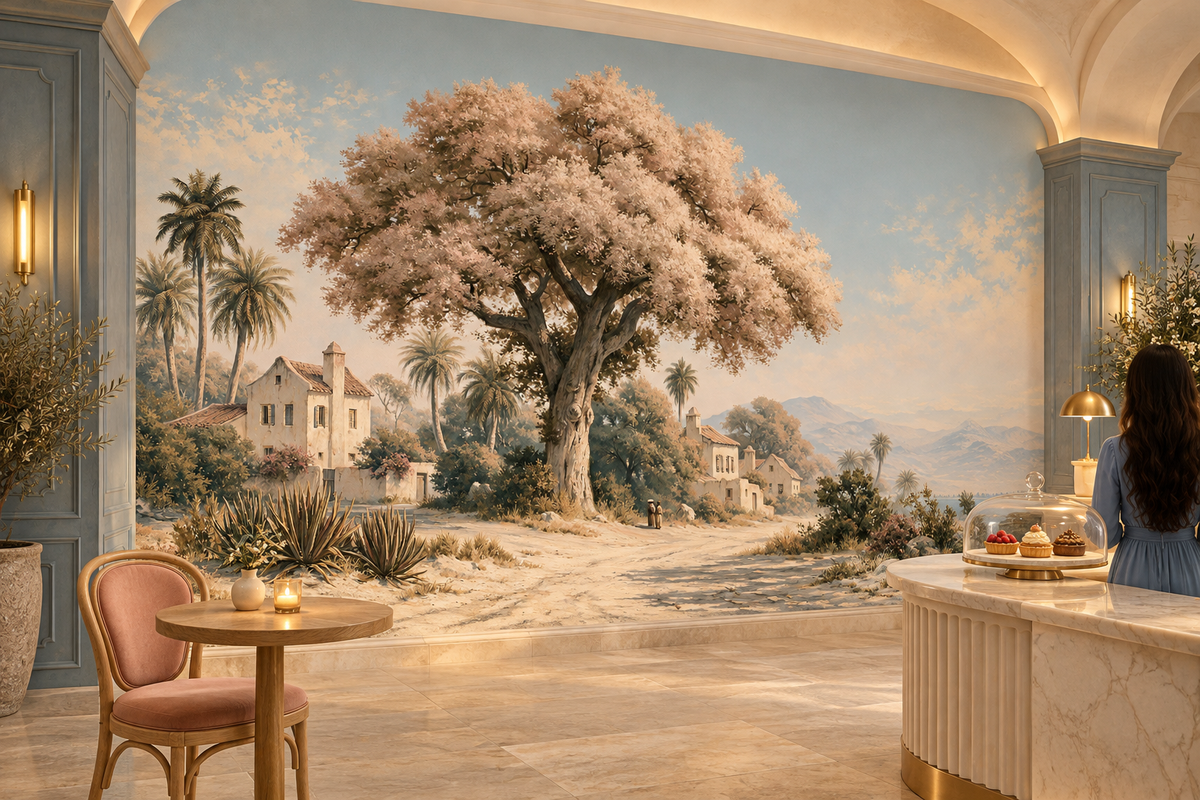 Blush blossom tree mural in a patisserie where a woman stands at a fluted marble counter with cakes beside a pink cafe chair