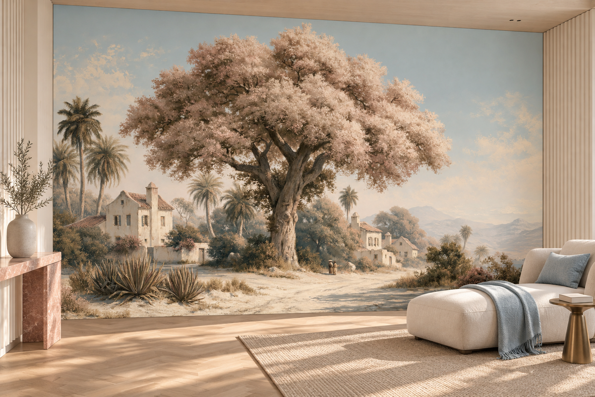 Blossom tree and villa mural in a lounge with a cream curved sofa, a blue throw and a pink console against a fluted wall