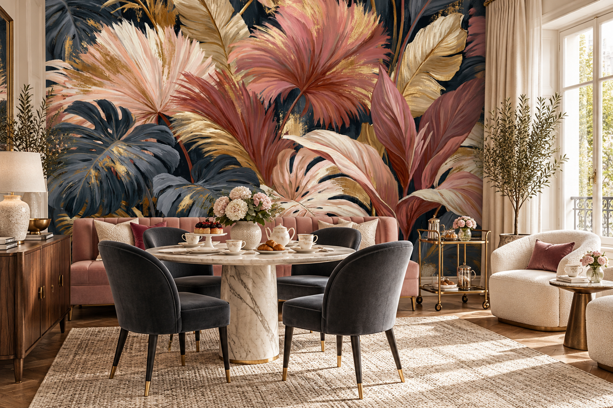 Pink and gold palm leaf mural in a dining room with a round marble pedestal table, charcoal chairs, a pink sofa and a bar cart