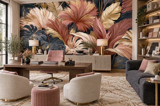 Blush palm and charcoal monstera mural in a home office with a wood desk, a pink chair, a cream sideboard and a pink pouf