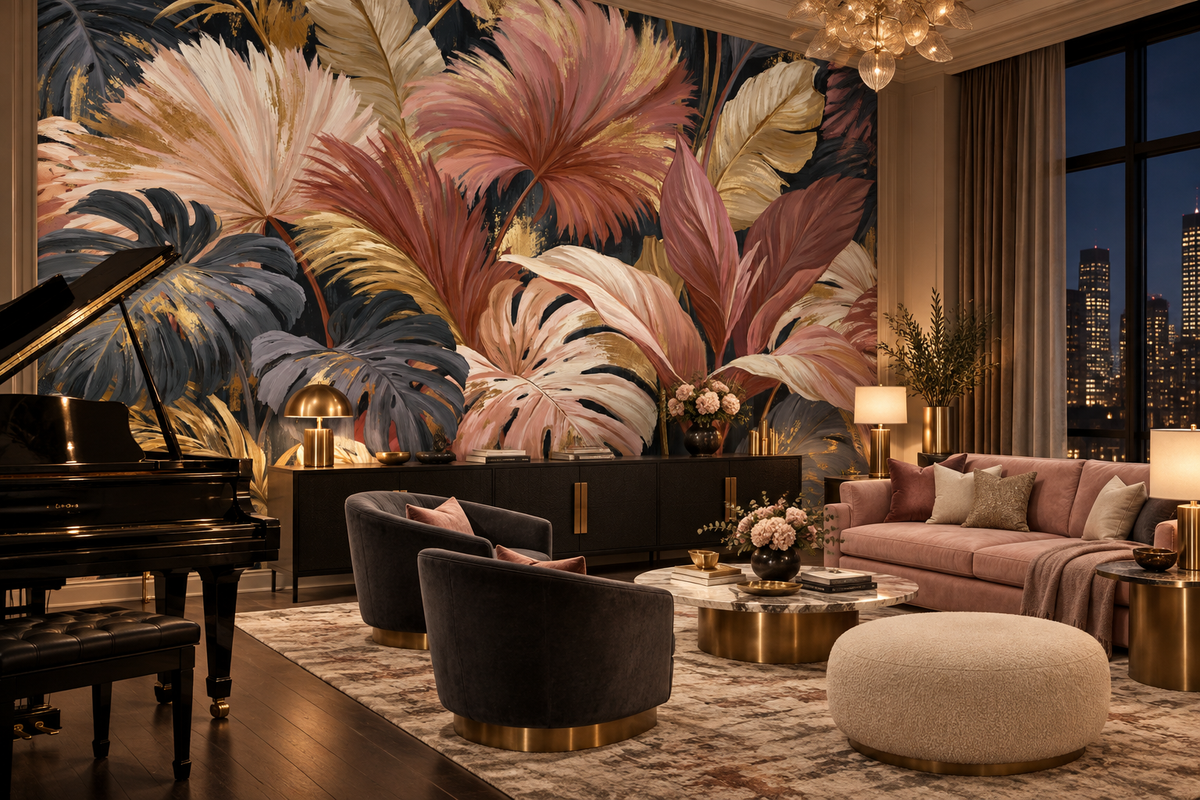 Pink and gold tropical leaf mural in a lounge with a black grand piano, a charcoal sofa and a brass coffee table with a city view