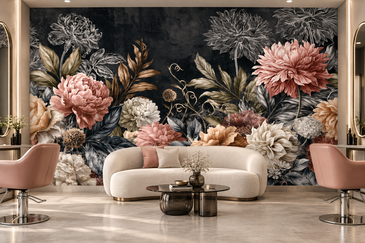 Blush pink and ivory floral mural on charcoal behind a cream curved sofa and a black glass coffee table in a salon with pink salon chairs