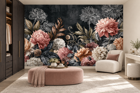 Pink floral and silver line art mural in a dressing room with a round pink ottoman, a cream armchair and a wardrobe