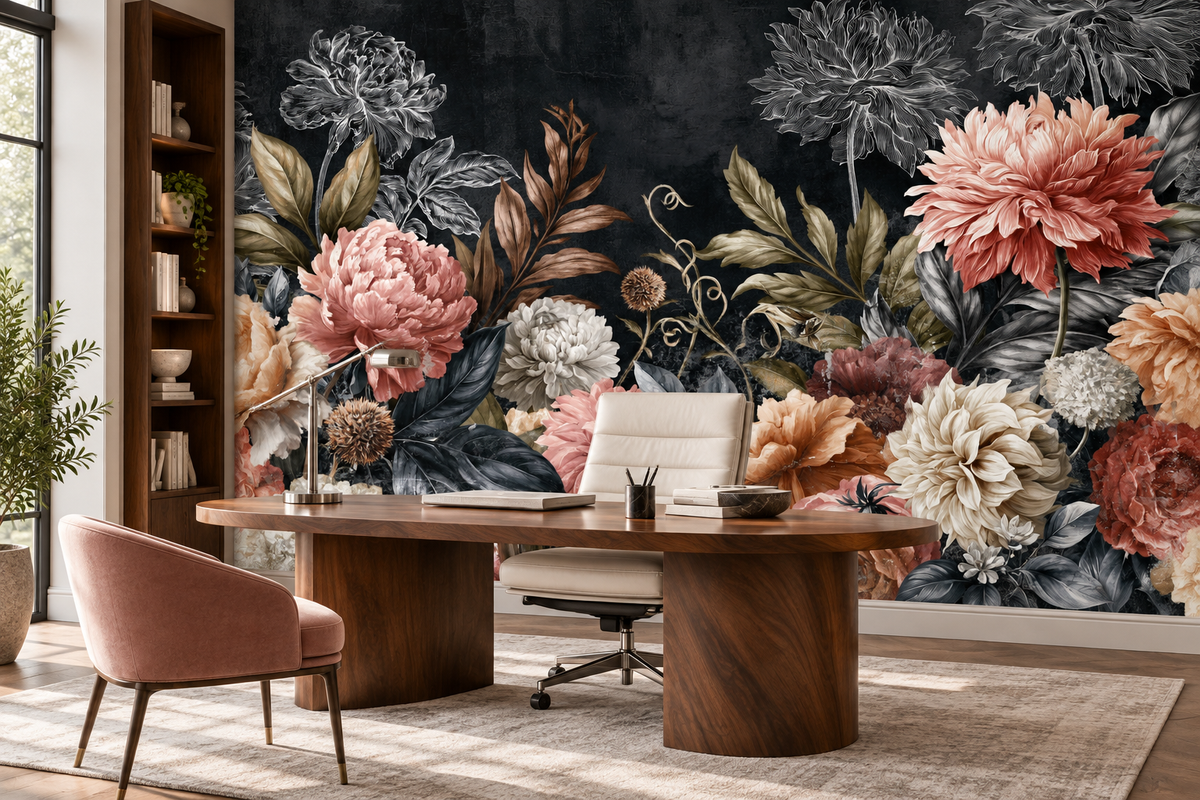 Dark floral mural with blush dahlias in a home office with a round walnut desk, a white chair and pink chairs beside a bookshelf