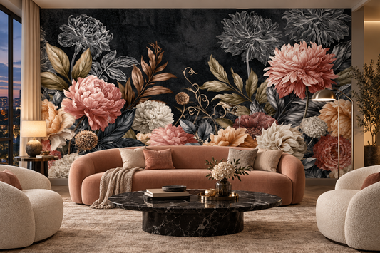 Blush and ivory dahlia mural behind a coral sofa, a round black marble table and cream boucle chairs in a living room