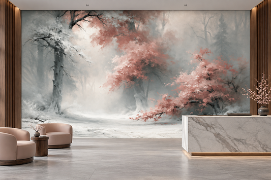 Blush pink trees and snowy mist forest mural behind a marble reception desk and two blush boucle chairs beside a wood slat wall