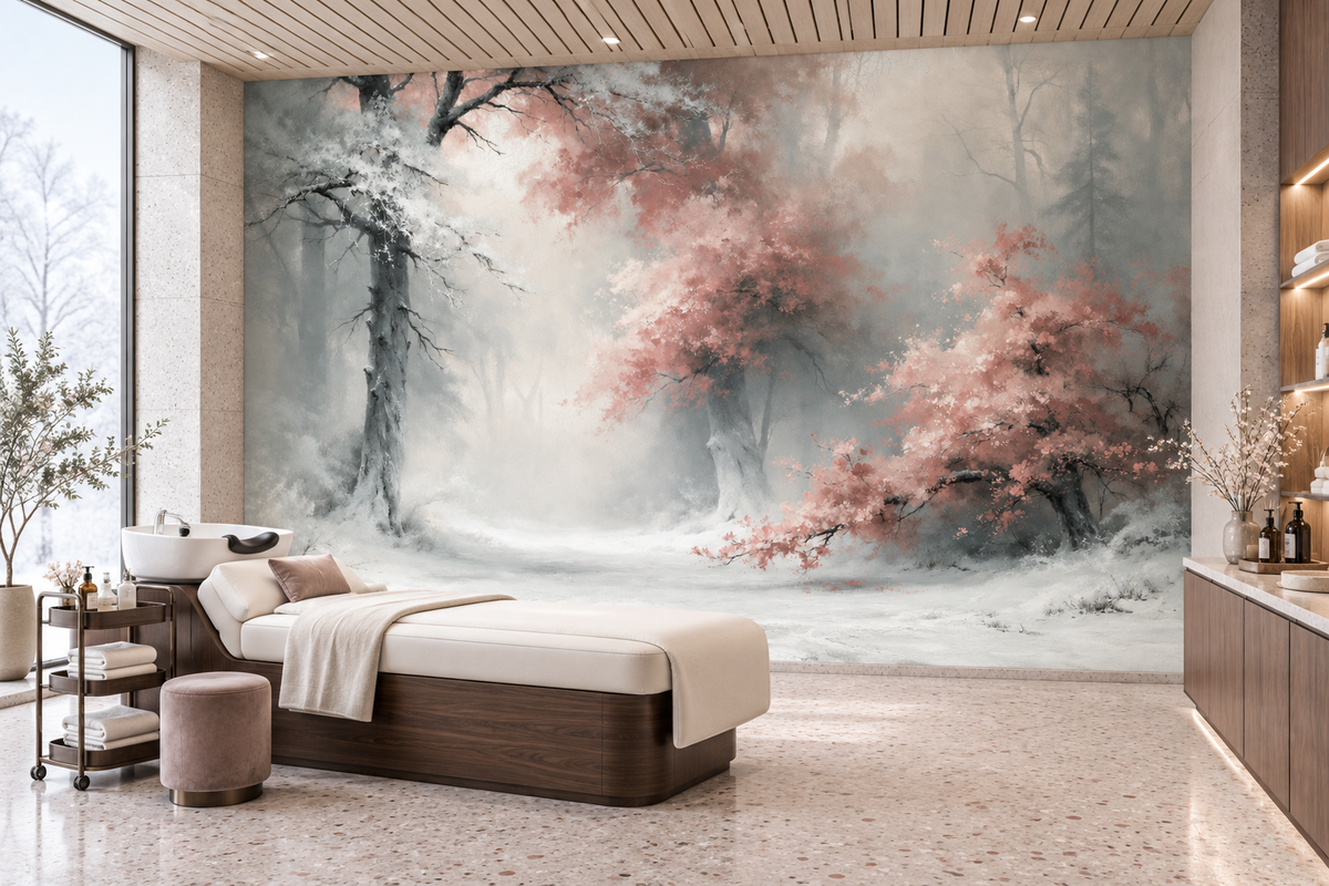 Snowy forest and blush blossom mural in a spa treatment room with a massage bed, a towel cart and a pouf