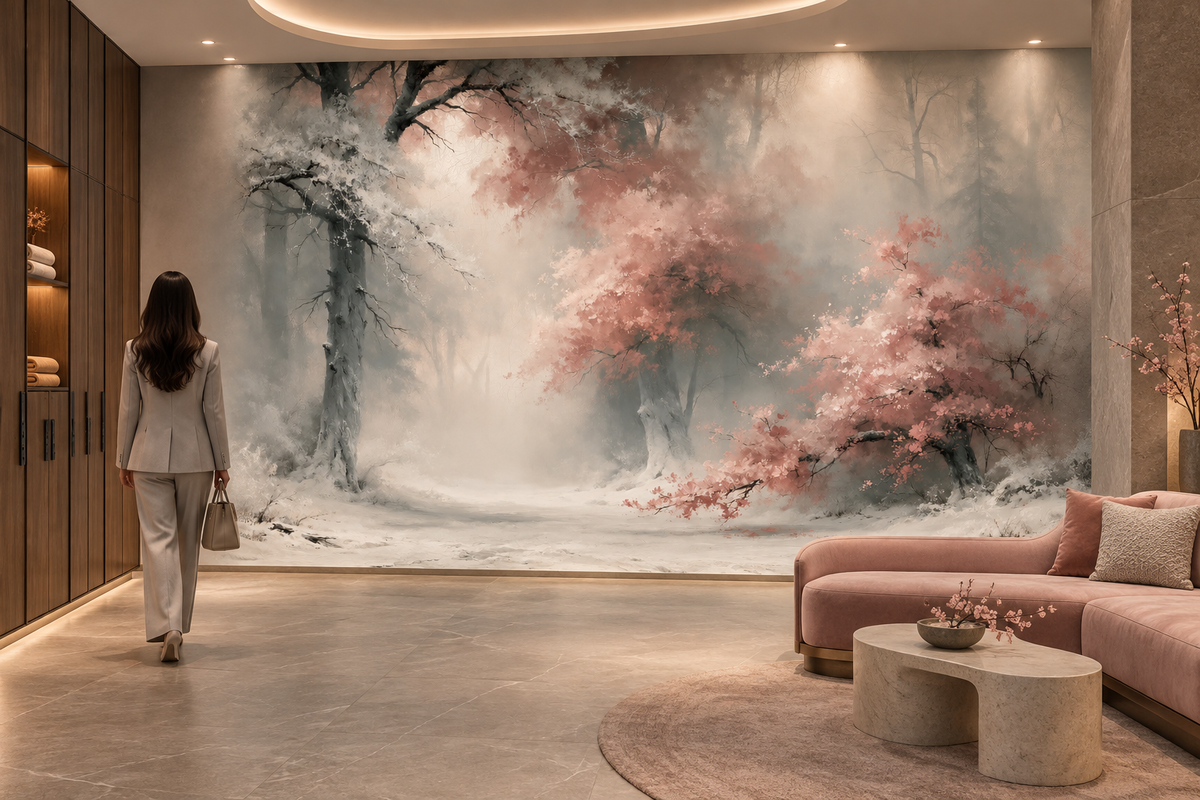 Blush pink and snowy forest mural in a lobby where a woman in a beige suit walks past a pink curved sofa and an organic coffee table