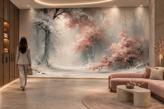 Blush pink and snowy forest mural in a lobby where a woman in a beige suit walks past a pink curved sofa and an organic coffee table