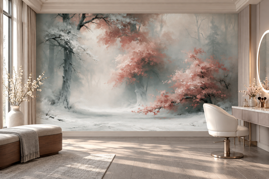 Blush blossom winter forest mural in a salon with a white chair, a lit oval mirror vanity and a bench with a grey throw