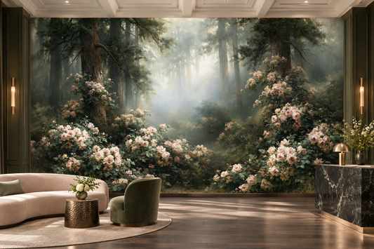 Blush roses and misty green forest mural behind a curved blush sofa, an olive green chair and a black marble counter