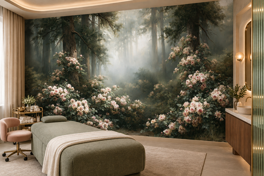 Rose forest wall mural in a spa treatment room with a green treatment bed, a pink chair and a trolley