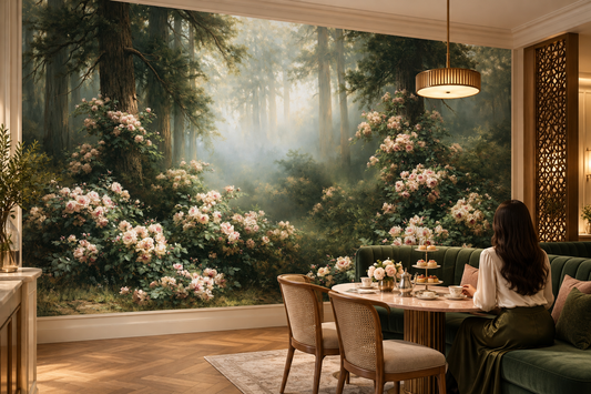 Blush rose and green forest mural in a tea room where a woman sits at a round table with a tea stand on a green banquette