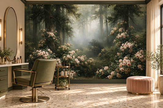 Roses and misty forest mural in a salon with a green salon chair, a tall mirror, a trolley and a pink pouf