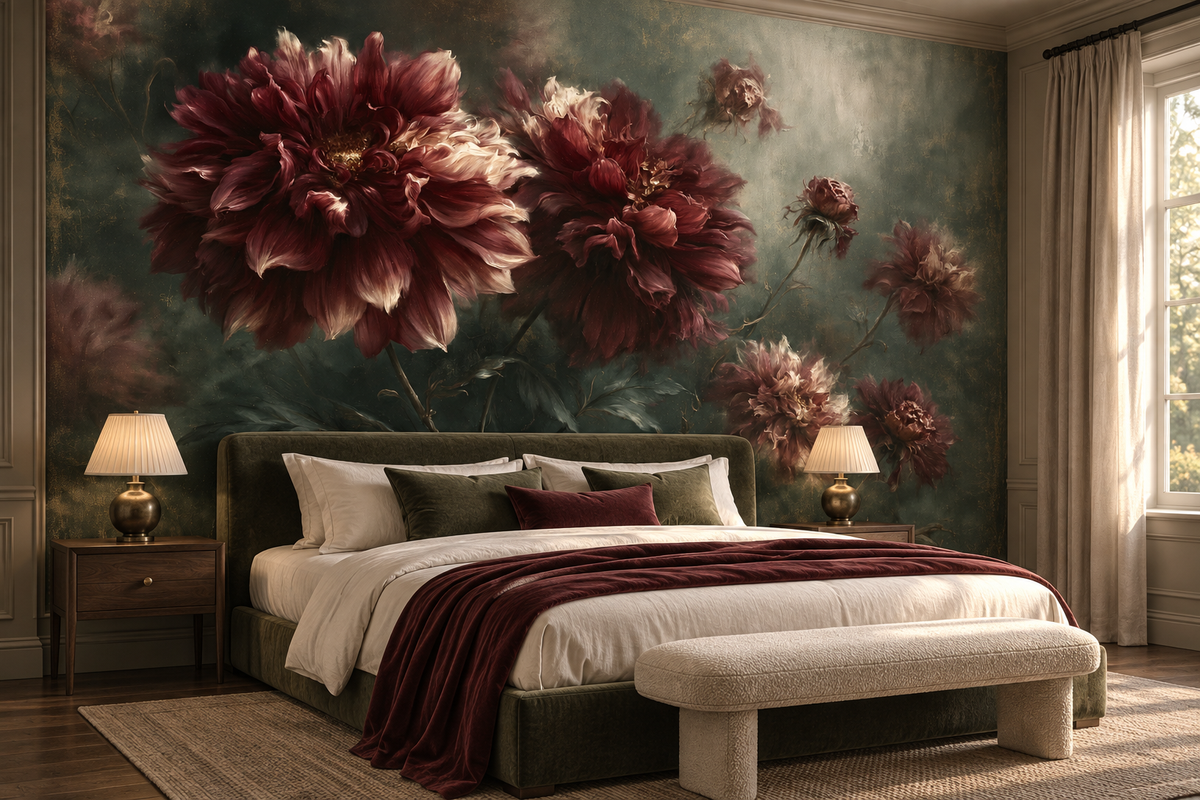 Burgundy dahlia on green mural behind a green velvet bed with a burgundy throw, a boucle bench and two bedside lamps