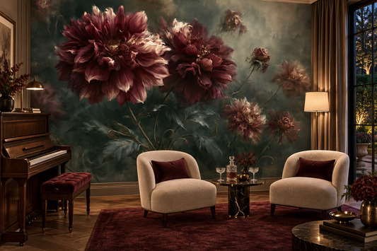 Dahlia wall mural in a sitting room with a wood piano, two cream armchairs, a burgundy rug and a burgundy tufted bench
