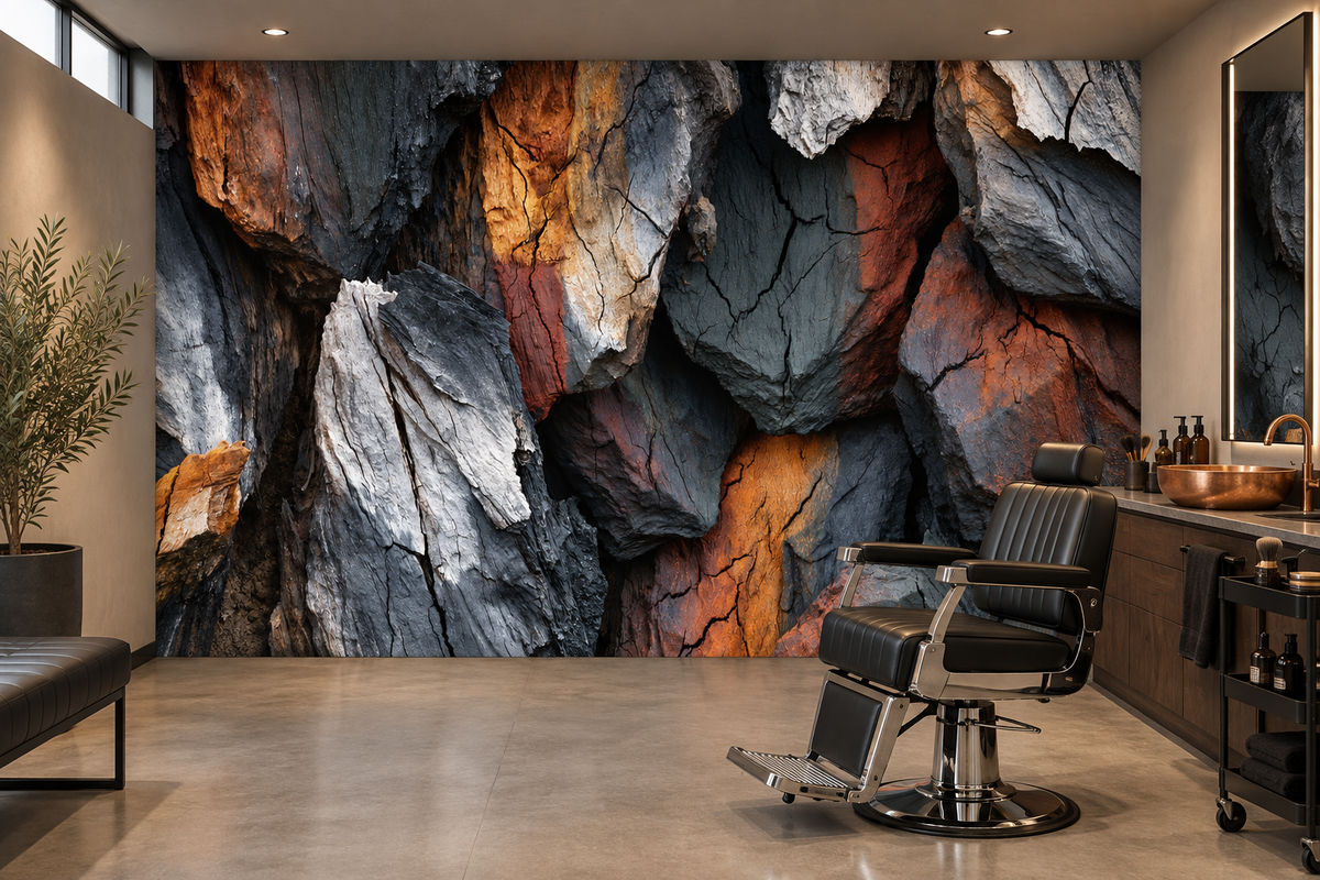 Charcoal and rust boulder stone mural in a barbershop with a black leather barber chair and a vanity with a copper sink