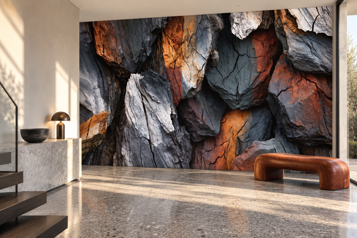 Rust and charcoal stone mural in an entry gallery with a marble block console, an orange leather bench and a stair