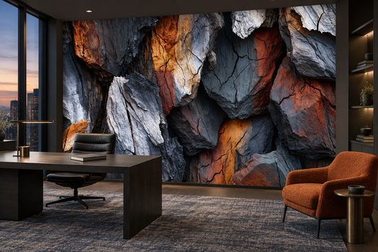 Slate stone texture mural in an executive office with a black desk, a black leather chair and an orange armchair at sunset