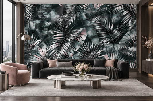 Charcoal and silver palm leaf mural behind a charcoal sofa, a blush armchair and a marble coffee table in a city living room