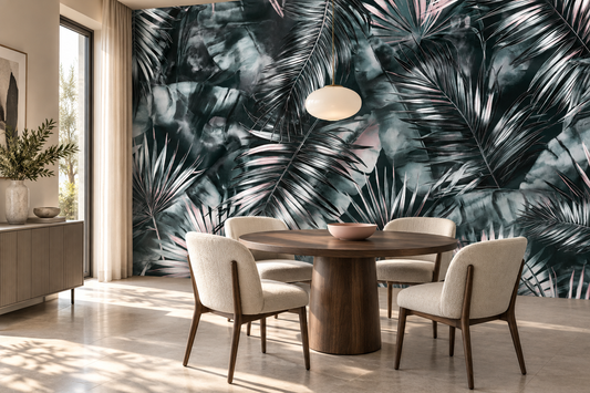 Dark palm leaf mural with blush tips in a dining room with a round walnut table, cream chairs and a pendant light