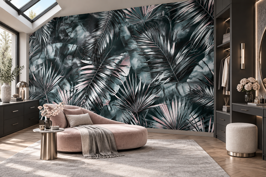 Charcoal palm and blush mural in a dressing room with a blush curved chaise, a wardrobe and a round mirror