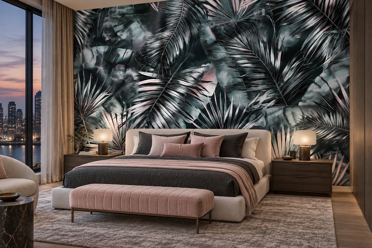 Silver and charcoal palm mural behind a cream bed with charcoal covers, a blush bench and bedside lamps with a city view