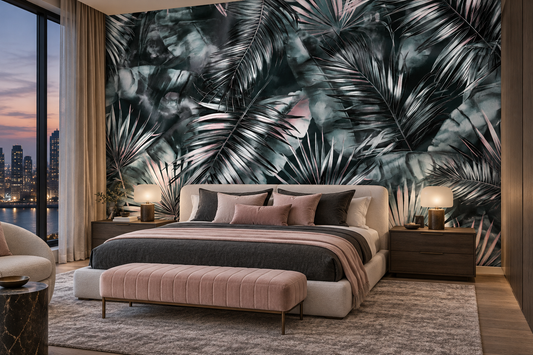 Silver and charcoal palm mural behind a cream bed with charcoal covers, a blush bench and bedside lamps with a city view