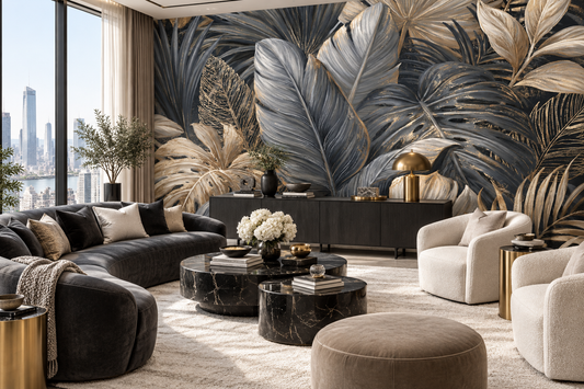 Charcoal gray and gold tropical leaf mural behind a curved charcoal sectional, black marble coffee tables and cream chairs in a penthouse living room